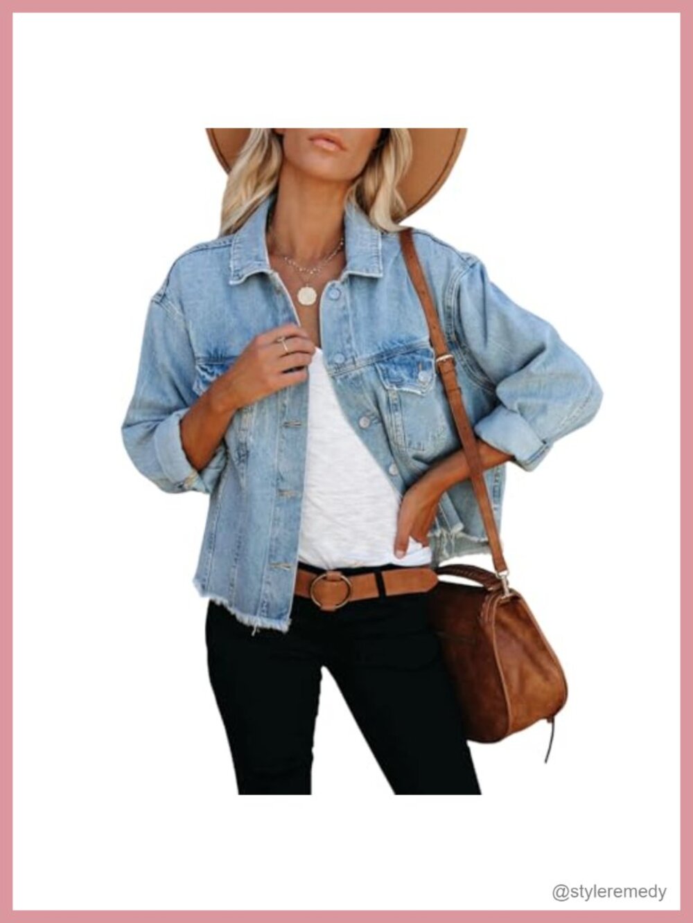 Womens Cropped Denim Jacket Frayed Hem Button Up Retro